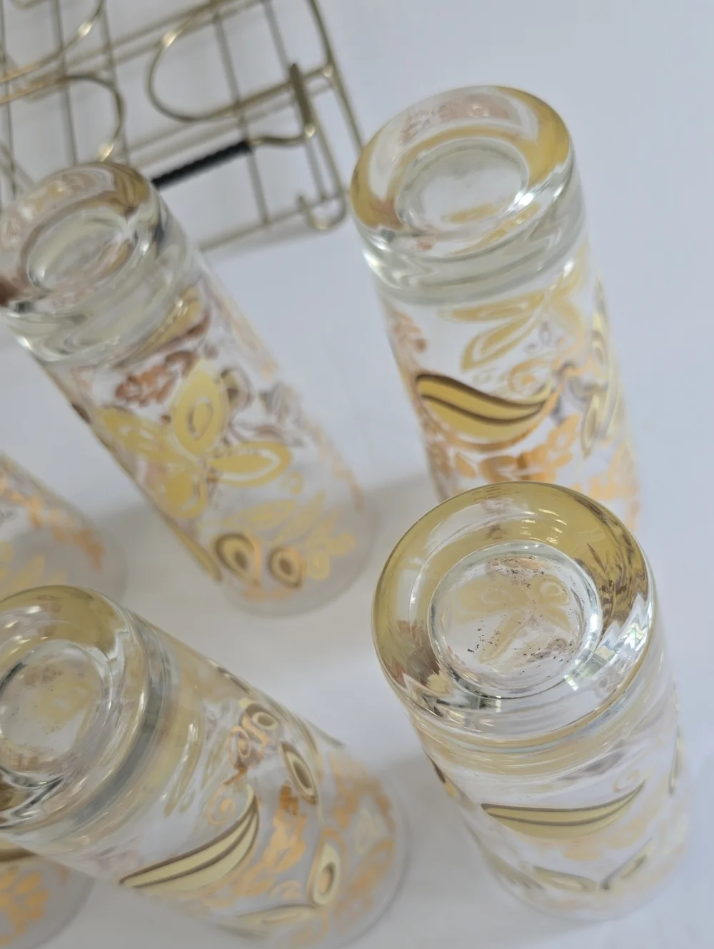 Vintage MCM Set Of 8 Gold Butterfly Leaf Botanical Tumblers With Carrier 12 Oz